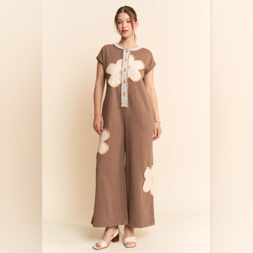 Flower Patchwork Detail Floral Terry Jumpsuit S M L 1X 2X 3X